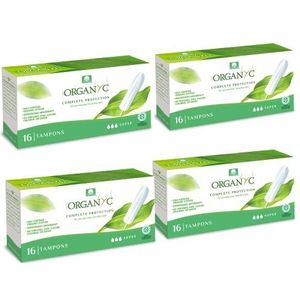 Organ(y) c, tampons van 100% gecertificeerd biologisch katoen voor sterke dagen, 4 verpakkingen van elk 16 stuks (in totaal 64 stuks)
