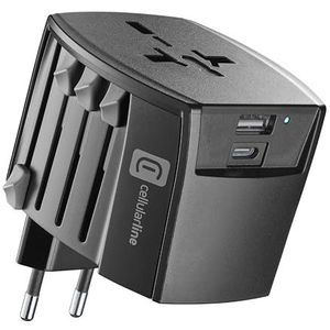 cellularline - Multistekker reisadapter - USB-poort 18W - USB-C-aansluiting 20W - Ingangsspanning 100-240V - nominaal vermogen max 240V-600W - ingang EU/UK/AUS/VS - uitgang EU/UK/AUS/VS - zwart