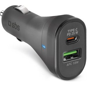 SBS Mini-Autolader - Stroomvoorziening 25W - Zwart - Usb-C - Usb-A