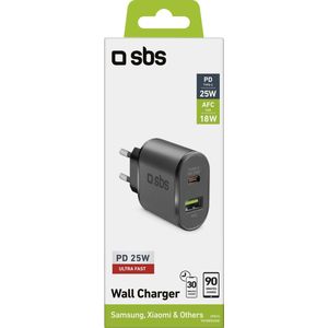 SBS - Mobile Wall Charger - Thuislader - Zwart - USB-C 25W - USB-A 18W