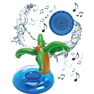 SBS Waterdichte draadloze luidspreker, 3 W audioluidspreker met opblaasbaar eiland met palmen, luidspreker voor zwembad, bad, feest, mini-pomp en oplaadkabel, blauw
