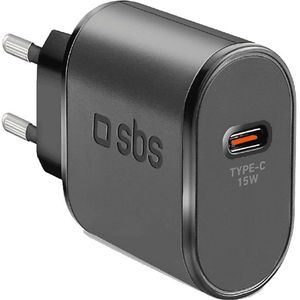 SBS 15W Usb-C-Voeding, Snel Opladen, Adaptive Fast Charge (Afc), Compact, Oplader Voor Iphone, Ipad, Airpods, Samsung, Pixel, Tablet, Smartphone, Zwart