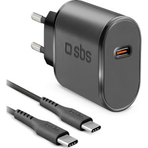 SBS Set met wandlader USB C en 1 m USB C-kabel, wandlader en stekkerdoos 15 W voor mobiele telefoons, TWS-hoofdtelefoon, smartwatch, powerbank, luidspreker, Kobo, Kindle