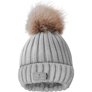 case&me Wintermuts met draadloze oordopjes, zachte muts met pompon, afneembare draadloze hoofdtelefoon, muziek-/oproeptoetsen en geïntegreerde microfoon, grijs, Grijs, Eén maat