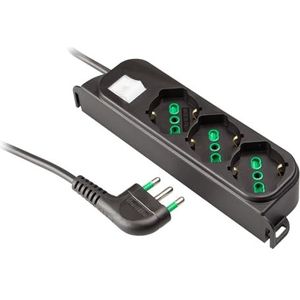 Ekon Stekkerdoos met 3 aansluitingen, voor Italiaanse stekkers, geaarde stopcontacten, eurostekker, 1,5 m kabel, Italiaanse stekker 16 A, lichtschakelaar, zwart