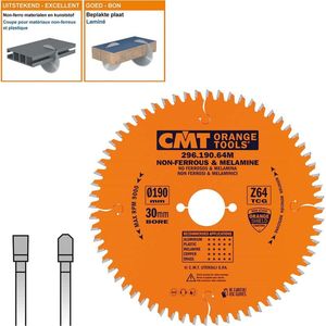 CMT Orange Tools cirkelzaagblad HW 190 x 2,8/2,2 x 30 Z = 64 TCG - 296.190.64M - voor ijzervrij materiaal, plastic en laminaat