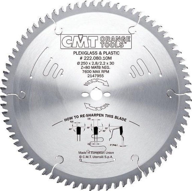 CMT - Cirkelzaagblad - Ø 250 mm - Hardmetaal - Voor Plexiglas en Kunststoffen
