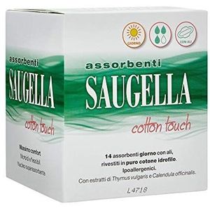 Saugella Cotton Touch maandverband voor de dag, geurremmend, met vleugels van katoen, hypoallergeen, 14 stuks