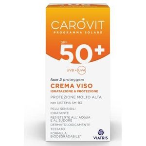 Crème pour le visage SPF50+ protection solaire très élevée contre les rayons UVA et UVB+ jusqu'à 8 heures résistant à l'eau, Carovit Programme solaire, flacon de 50 ml