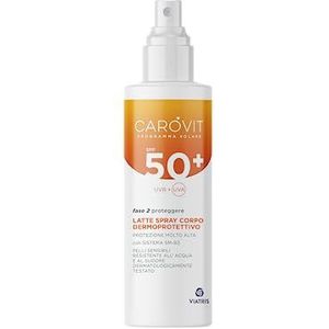 Lait corps spray SPF50+ protection solaire contre les rayons UVA et UVB+ avec effet contrastant vieillissement de la peau, Carovit Programme solaire, flacon de 200 ml