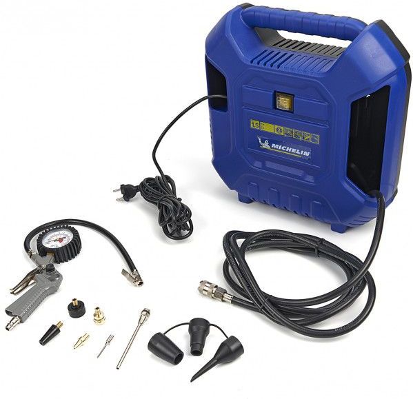 MICHELIN MB1 draagbare compressor + bandenpomp (1 meter slang, opblaaspistool, mondstukken) - zonder tank - olievrij - Vermogen 1,5 pk - maximum druk 8 bar - luchtdebiet 160 l/min