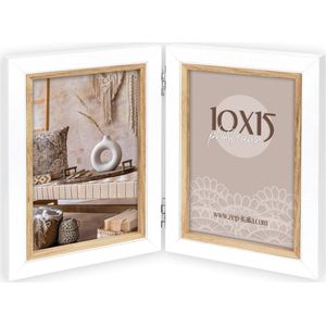 Dubbele 5x7 inch fotolijst scharnierende opvouwbare houten fotolijst met glazen voorkant verticaal op desktop zwart