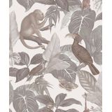 Behang met apen en tropische vogels - Behang - Wandbekleding - Wallpaper - Vliesbehang - Assorti 2022-2024 - 0,53 x 10,05 M.