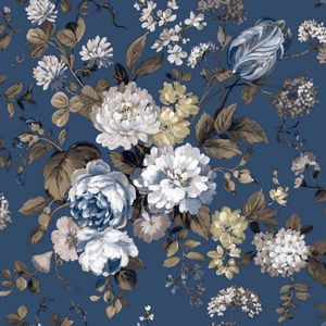 Blooming Garden 6 - Behang Klassieke Bloemen - Behang - Vliesbehang - Blauw - 0,53 x 10,05 M.