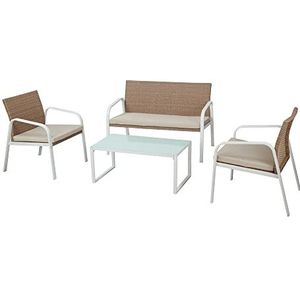 GARDEN FRIEND S1304401 Madeira Lounge (2 stoelen, 1 bank, 1 tafel) kleur wit, polyrotan, honing, beige kussens,