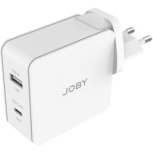 JOBY 42 W Dual Output Wall Charger, USB-C oplader en USB-A-oplader, inclusief EU UK en US adapter, reisoplader, USB C Power Delivery, Dual Charger