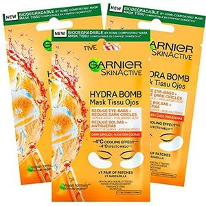 3x Garnier SkinActive Anti-Fatigue Oogcontour Masker met Sinaasappelsap en Hyaluronzuur voor doffe en vermoeide ogen - 3 Verpakkingen van 1 Toepassing