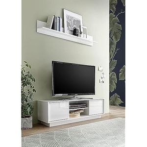 LC Spa TV-basis Ice 2 deuren + centraal vak met plank van hout, wit glanzend, breed