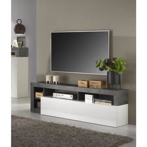 TV-meubel SEFRO - 1 deur & 4 nissen - Witgelakt en betonkleur L 184 cm x H 58 cm x D 42 cm