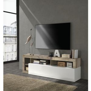 TV-meubel SEFRO - 1 deur & 4 nissen - Witgelakt en eiken L 184 cm x H 58 cm x D 42 cm