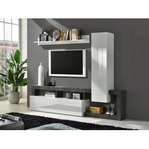 TV-wand SEFRO met opbergruimte - Witgelakt en betonkleur L 219 cm x H 173 cm x D 35 cm