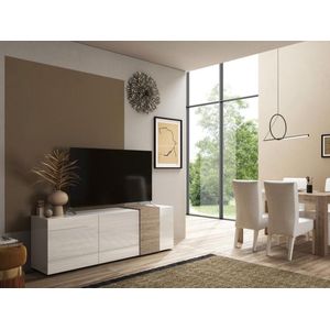Tv-meubel met 3 deuren - Wit en licht naturel - CAYNO