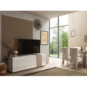 Tv-meubel met 3 deuren - Wit en licht naturel - CAYNO L 180.5 cm x H 57 cm x D 43.6 cm