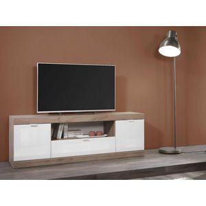 Tv-meubel met 2 deurtjes, 1 lade en 1 nis - Naturel en wit gelakt - EVOLIA L 181 cm x H 60 cm x D 42 cm