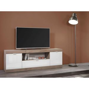 Tv-meubel met 2 deurtjes, 1 lade en 1 nis - Naturel en wit gelakt - EVOLIA