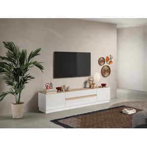Tv-meubel met 2 deuren en 2 lades - Naturel en wit gelakt - EMORA