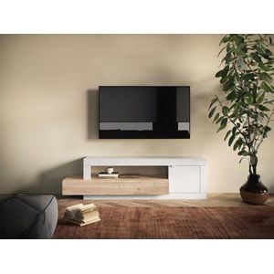 Tv-meubel met 1 deur, 1 lade en 1 opbergvak– Lichte houtlook en wit – RUSELO L 158.4 cm x H 48.2 cm x D 41.4 cm