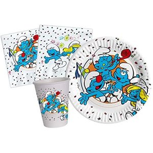 Party Tableware Set Smurfs for 8 people (36 pcs: 8 plates Ø18cm, 8 cups 200ml, 20 napkins 33x33cm) in eco-friendly compostable paper