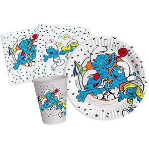 Party Tableware Set Smurfs for 24 people (88 pcs: 24 plates Ø18cm, 24 cups 200ml, 40 napkins 33x33cm) in eco-friendly compostable paper