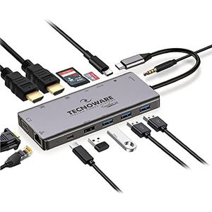 Tecnoware USB Type-C Hub, 13-in-1 adapter, compatibel met Notebook, Windows, Linux, Huawei etc. 13 poorten: USB 2.0 en 3.0, USB Type-C, Ethernet, HDMI 4K, Card Slot SDXC, Micro SD, Audio Jack