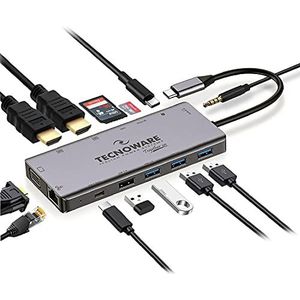Tecnoware USB Type-C Hub, 13-in-1 adapter, compatibel met notebook, Windows, Linux, Huawei enz. 13 poorten: USB 2.0 en 3.0, USB Type-C, Ethernet, HDMI 4K, Card Slot SDXC, Micro SD, Jack Audio