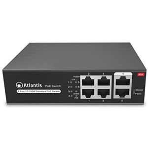 Atlantis Switch met 6 poorten 10/100Mbps 4 poorten tot 65W, elke poort tot 30W, desktop en rek, interne alimeter, metalen behuizing, A02-F6P4-65W, VLAN- en Extended functie, tot 250m, Mode A