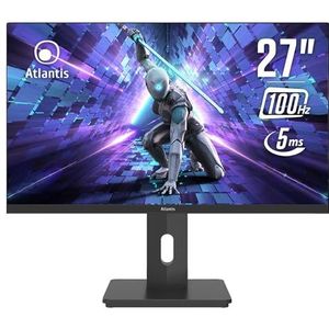 ATLANTIS 27 inch gaming monitor 100 Hz, 27 inch display, Full HD 1920 x 1080, VGA HDMI en DP, multimedia, FreeSync, kantelbaar, draaibaar 5 ms reactie, contrast 1000:1, hoek 178/178, HDMI-kabel