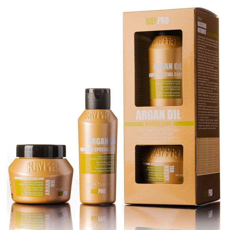KayPro Travel Size Argan Oil 100 ml – Professionele Haarverzorging - Mini kit - Argan Oil Shampoo en Argan Olie Haar Masker – Droog en Beschadigd Haar – Reisverpakking – Travel Size Shampoo