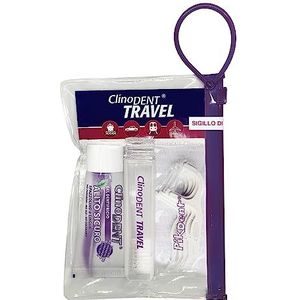 Clinodent Travel mondhygiëne kit zakken: tas, afsluitbare tandenborstel, mondspoelgel voor veilig ademen zonder uitspoelen, tandzijdevork