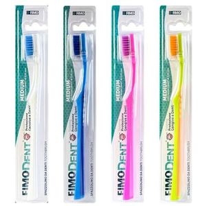 Fimodent Medium tandenborstel met tandvlees- en tandbeschermingssysteem, uitgerust met 1580 UltraX-borstelharen met gemiddelde hardheid, zacht voor tandvlees en nagellak, 4 verschillende kleuren