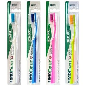 Fimodent Ultra Soft tandenborstel met tandvlees- en tandbeschermingssysteem, uitgerust met 6580 UltraX-borstelharen met ultrazachte hardheid, zacht voor tandvlees en nagellak, 4 verschillende kleuren