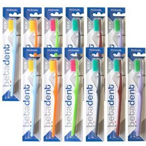 Betadent Medium borstelset, 12 stuks, middelgrote borstelharen met afgeronde punten voor zachte maar effectieve plaque-werking, 12 stuks, verschillende kleuren.
