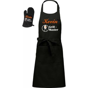 Mijncadeautje - BBQ-schort - Grill Master BBQ - met naam - zwart - XXL 97 x 68 cm - BBQ- handschoen