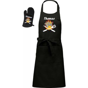 Mijncadeautje - Barbecueschort - Chef met voornaam - zwart - XXL 97 x 68 cm - gratis BBQ-handschoen