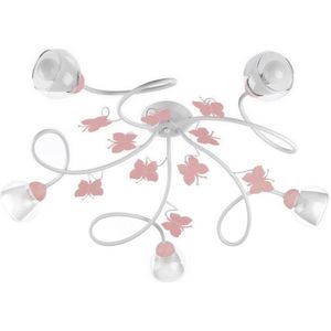 ONLI Plafondlamp met 5 lampen, voor slaapkamer, metaal, wit, met geschilderde vlinders, roze