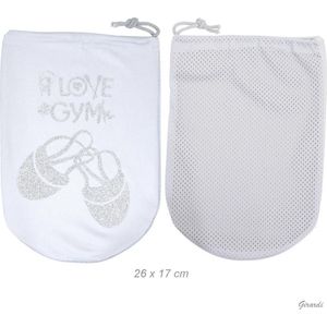 Alista schoenen tasje voor Ritmisch Gymnastiek - lichtgrijs zakje met zilver glitter print - dans en sport cadeau