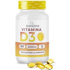 Bandini® Vitamine D3 2000 IU 365 Softgels, Hoge Dosis 50μg, Vitamine D Cholecalciferol Beads, In Extra Vergine Olijfolie voor Optimale Opname, Botten, Tanden, Spieren, Immuunsysteem