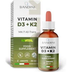 Bandini® Vitamine D3 K2 Druppels, in Extra Virgin Olijfolie EVO, Vitamine D Cholecalciferol 1000 IE per druppel + Vit K MK-7 Menaquinone Kappa 99,7% 100 mcg per druppel, met handige druppelaar