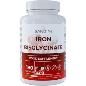 Bandini® IJzer 80mg + Vitamine C 180 Veganistische Capsules (Voor 6+ Maanden), Draagt bij tot een normaal energiemetabolisme, Zeer ABSIMILBAAR en BIODISPONSIBEL, 100% IJzer Bisglycinaat + Vit C 160mg