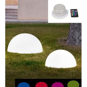 Design tuinlamp halve bal diameter 60 cm model Baby Moon 60 met LED RGB batterij en afstandsbediening